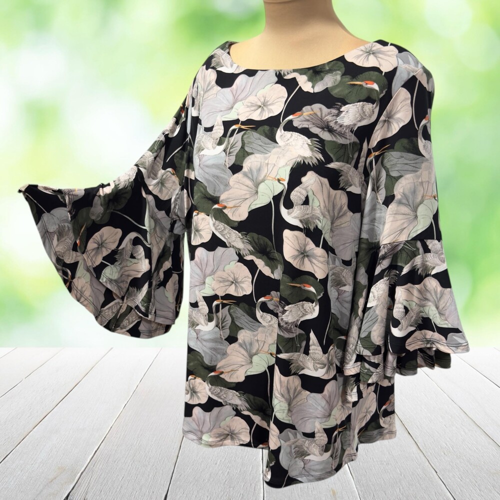 Vintage GRACE ELEMENTS Artwear Top Japanese Print Bell Sleeve Asian Plus 2X